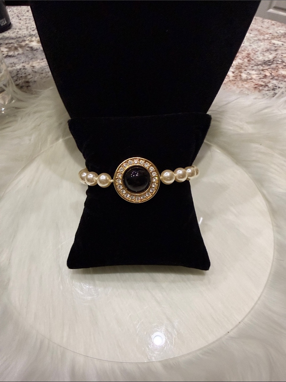 Vintage Swarovski Pearl Bracelet with Black Centerstone and Gold Accents